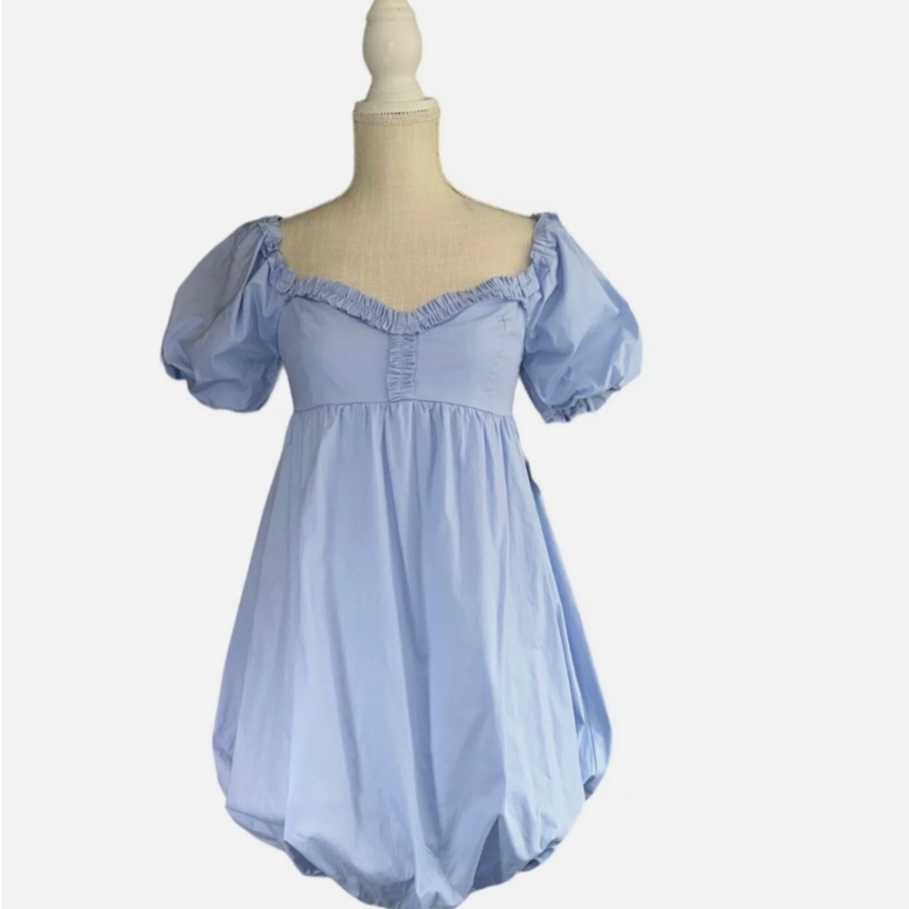 Baby blue puff sleeve puff hem mini dress